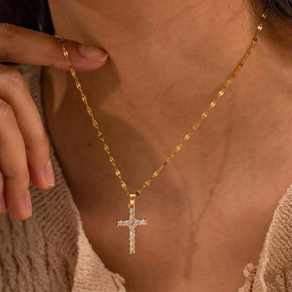 Gold Cross Pendant Necklace with Cubic Zirconia - Women
